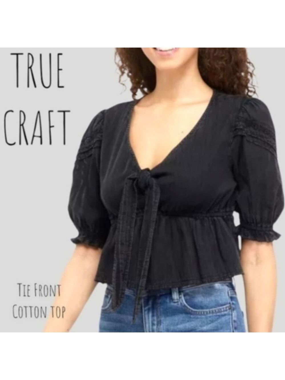 TRUE CRAFT Tie-Front Elastic @ Bodice 3/4 Puff Sleeve Cotton Blouse-Black/Lg/NWT